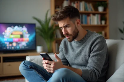 Jeune homme pensif regardant son smartphone dans un salon