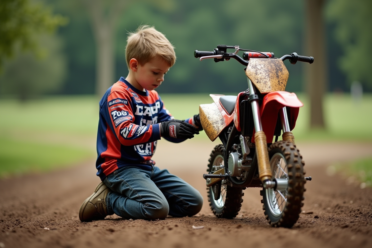 Jeune garçon motocross installant des grips sur son dirt bike