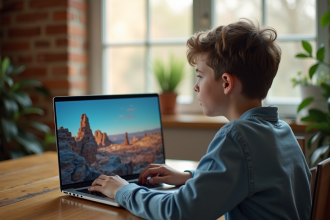 Jeune regardant une vidéo 4K sur un ordinateur moderne