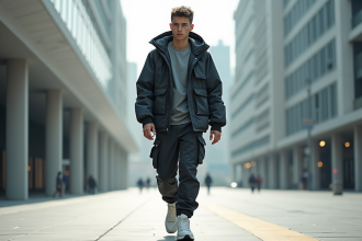 Jeune portant un outfit techwear dans une ville moderne