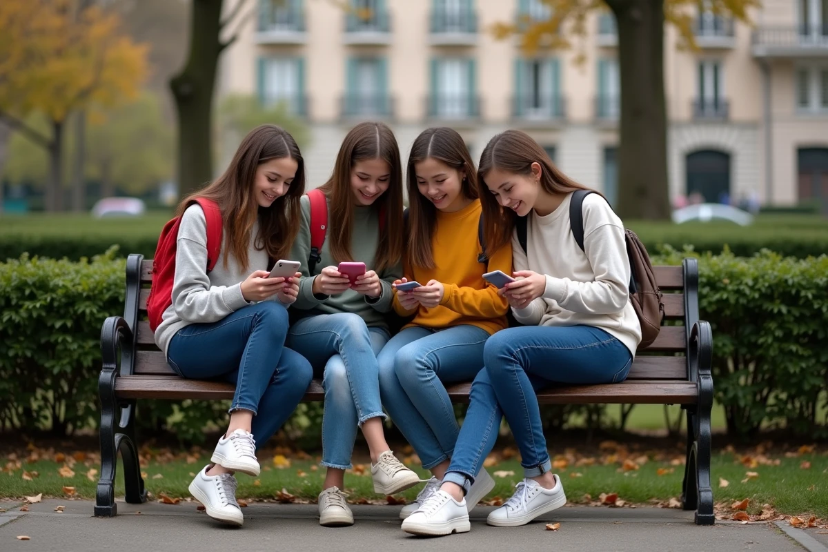 Jeunes adolescents assis sur un banc dans un parc en automne