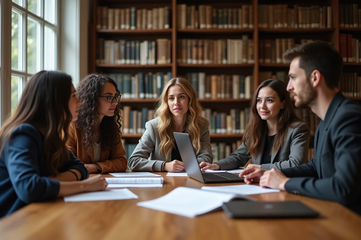 Jeunes adultes discutant autour de documents juridiques