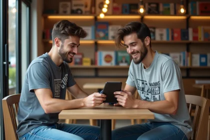 Deux jeunes hommes lisant manga dans un café parisien