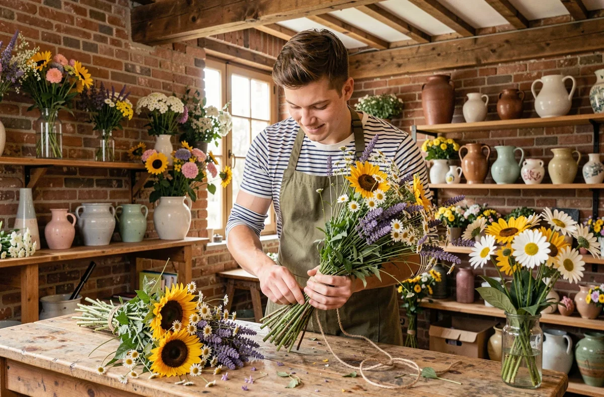 Fleuriste artisan Jo Lafleur confectionnant un bouquet champêtre de fleurs sauvages dans sa boutique à Besançon
