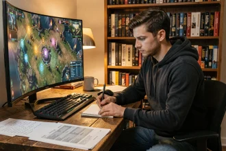 Joueur adulte analysant des routes de portails DOFUS sur un écran gaming dans un bureau home office organisé