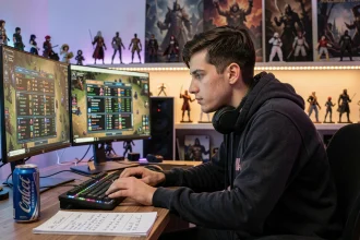 Joueur passionné analysant ses builds et équipements sur un écran de jeu fantasy de type Dofus