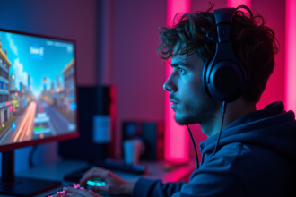 Joueur esports concentré sur un setup gaming moderne