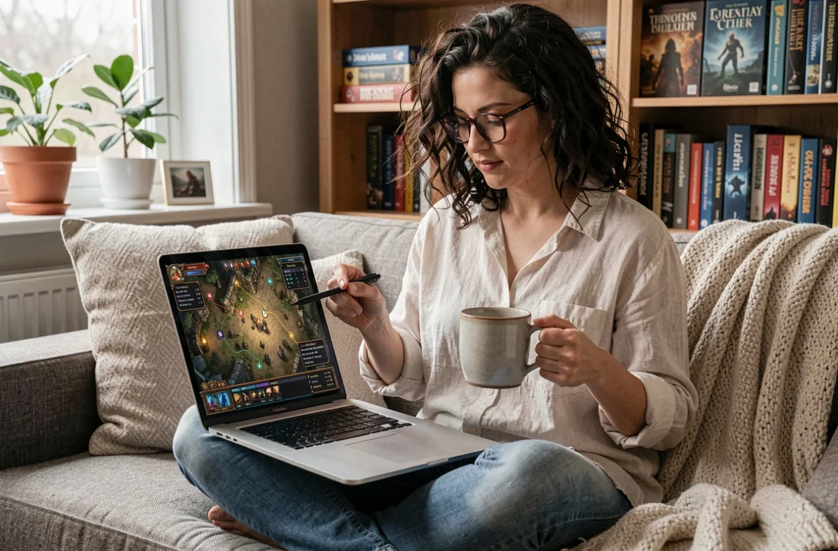 Joueuse consultant une carte de donjon et des drops rares sur son laptop dans un salon cosy