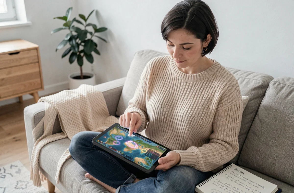 Joueuse consultant une carte de portails DOFUS sur tablette dans un salon moderne et lumineux