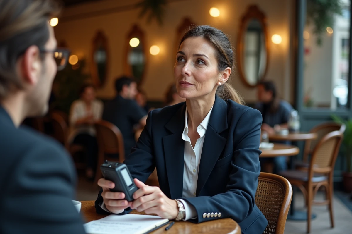 Journaliste interviewant une source dans un café parisien, reportage sur un phénomène politique issu d'internet