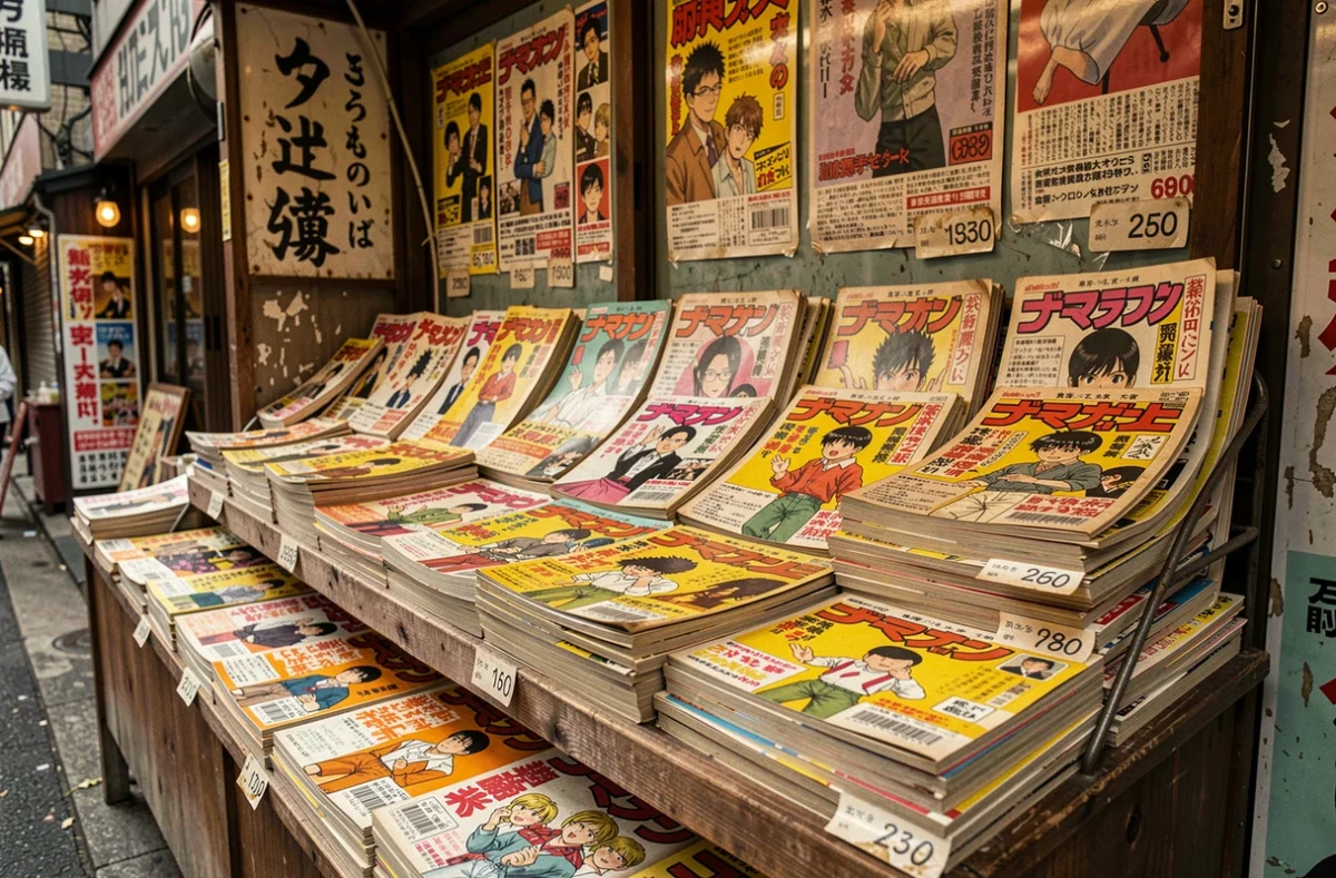 Présentoir de kiosque japonais vintage rempli de magazines manga des années 80 et 90 aux couvertures illustrées jaunies