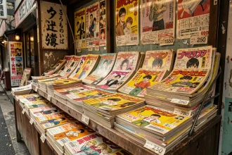 Présentoir de kiosque japonais vintage rempli de magazines manga des années 80 et 90 aux couvertures illustrées jaunies