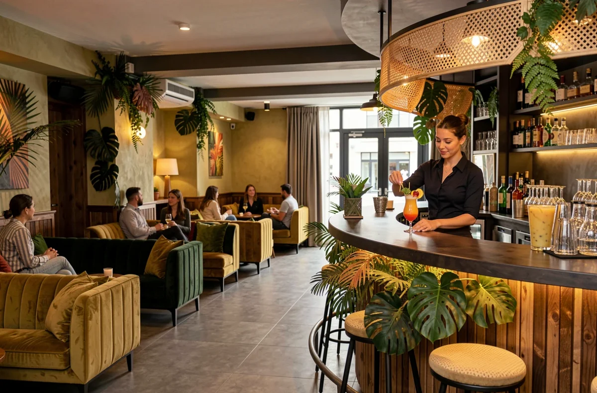 Bar lounge au décor tropical avec velours et rotin au Savana Cafe à Besançon, barwoman préparant un cocktail