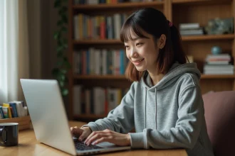 Jeune femme lisant des scans manga en français sur un ordinateur portable dans un bureau cosy