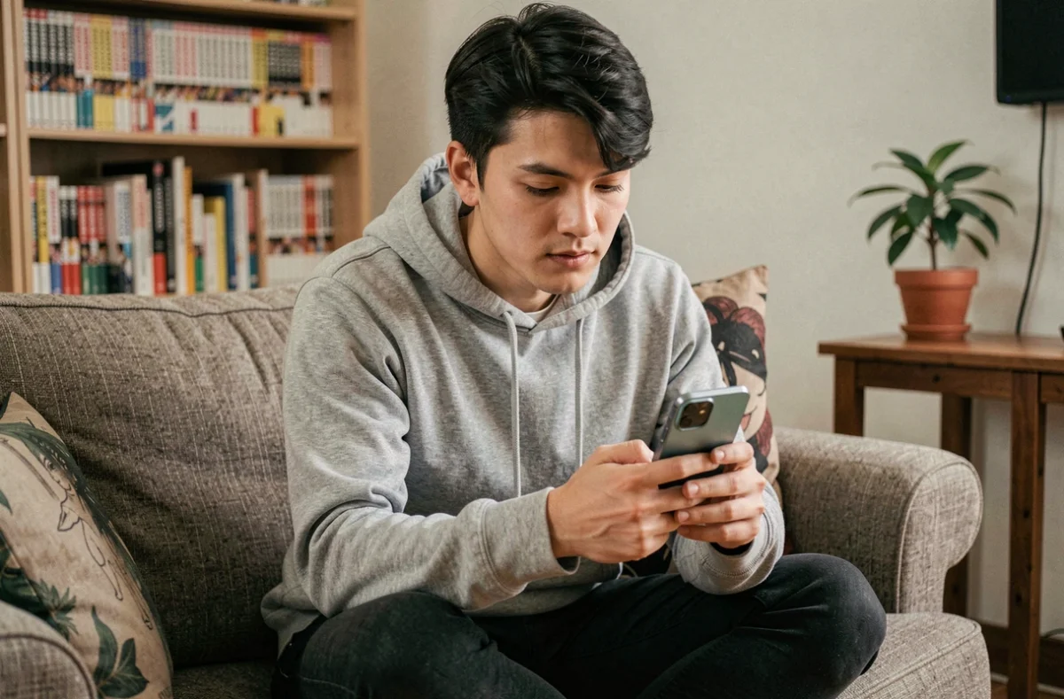 Jeune homme lisant un scan de manga One Piece sur smartphone dans un salon cosy avec bibliothèque de mangas en arrière-plan