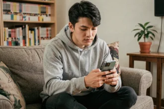 Jeune homme lisant un scan de manga One Piece sur smartphone dans un salon cosy avec bibliothèque de mangas en arrière-plan
