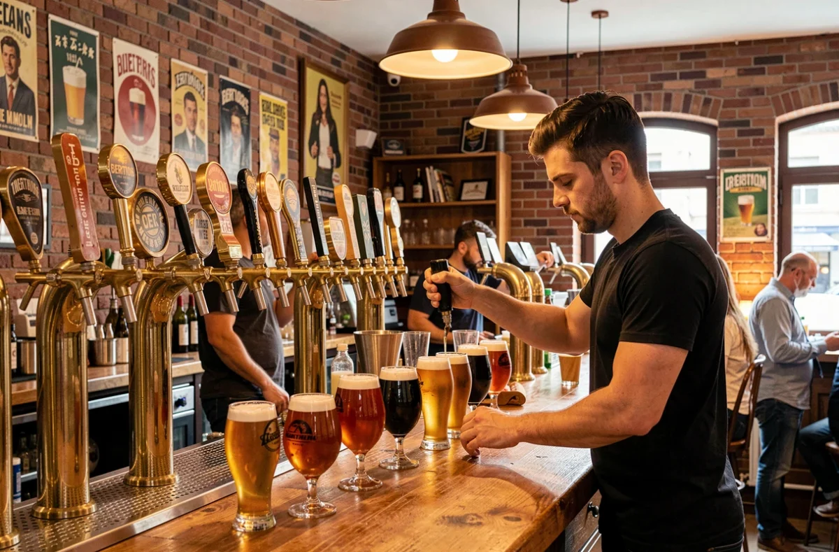 Bar à bières avec rangée de tireuses et verres de bières artisanales aux Berthom à Dijon, atmosphère brasserie