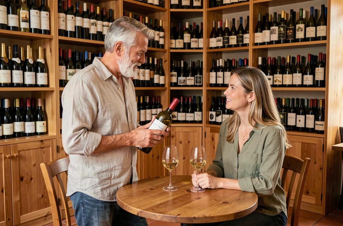 Caviste présentant une bouteille de vin à une cliente aux Vins d'Anges à Mâcon, mur de bouteilles de vins naturels
