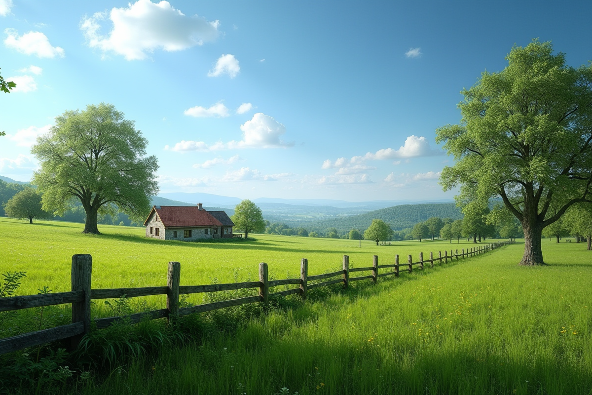 Limite de propriété rurale avec clôture et paysage naturel