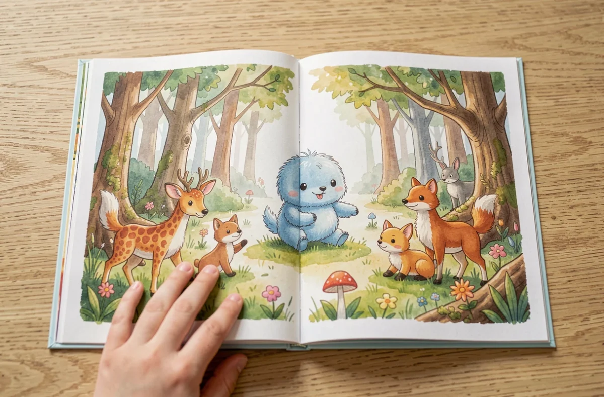 Pages ouvertes d'un livre illustré pour enfants montrant le personnage Tchoupie en style aquarelle sur une table en bois