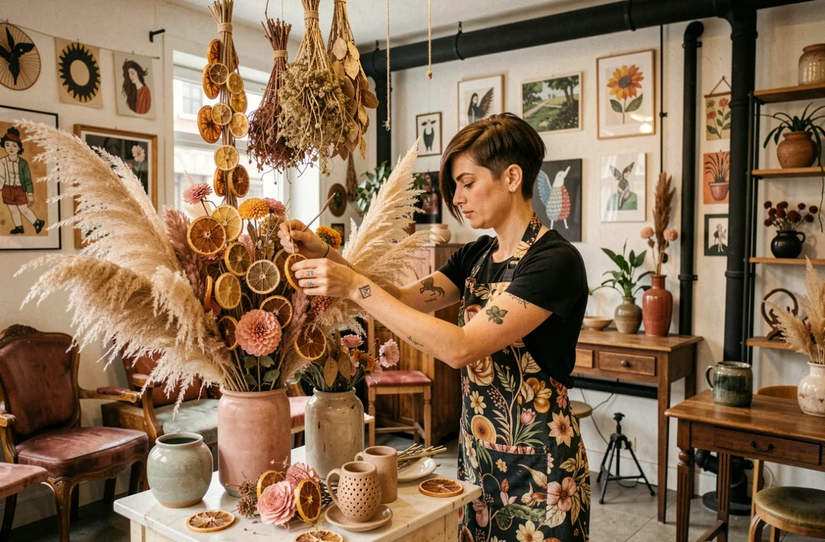 Fleuriste atypique Madame Miettes créant une installation de fleurs séchées et botaniques dans sa boutique originale à Dijon