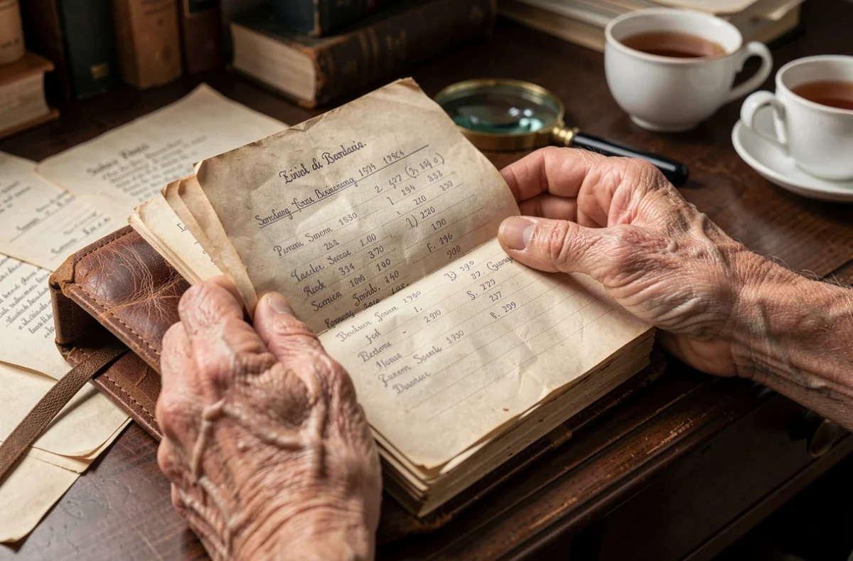 Gros plan de mains âgées feuilletant un registre d'état civil du XIXe siècle avec des entrées manuscrites de noms de famille