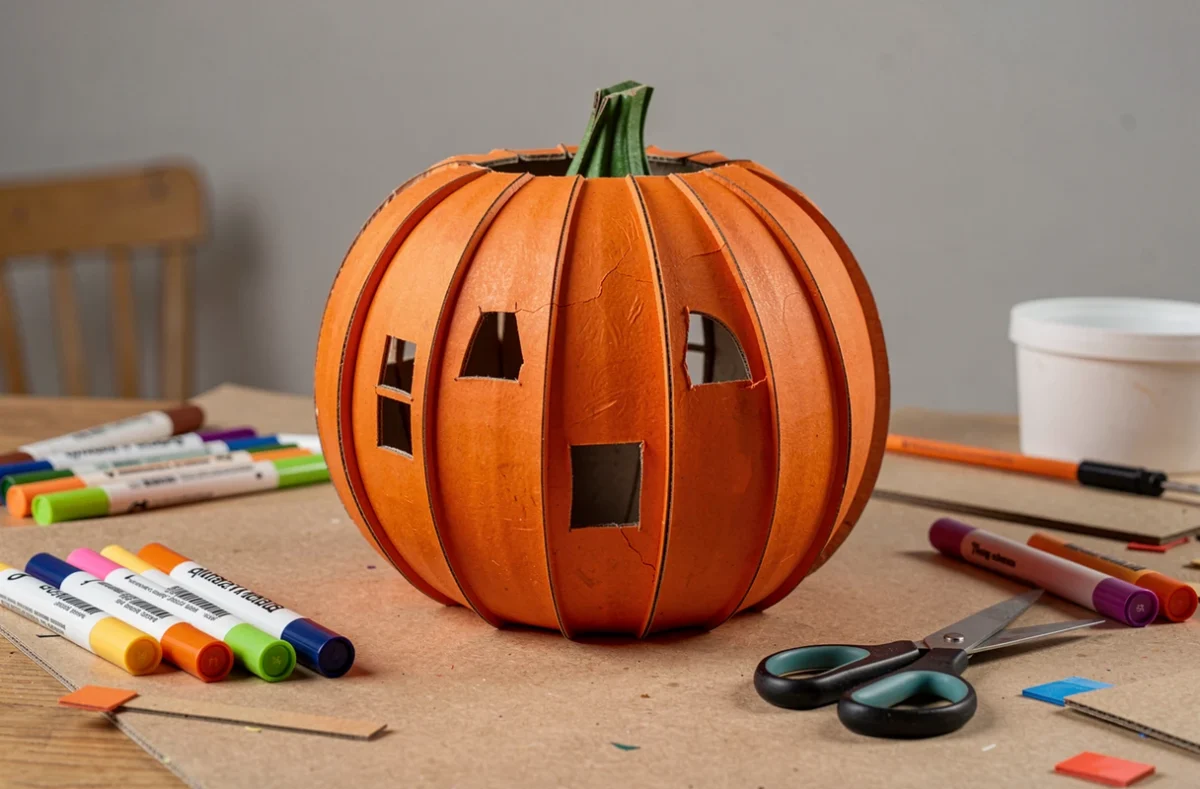 Maison citrouille en carton orange bricolée sur une table d'activités