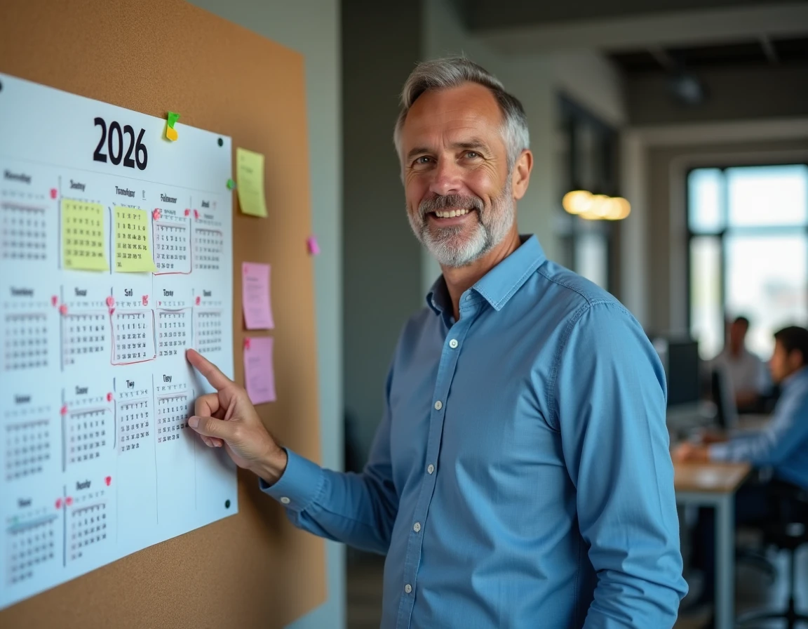 Manager en entreprise utilisant un calendrier 2026 pour planifier les ponts et congés de son équipe