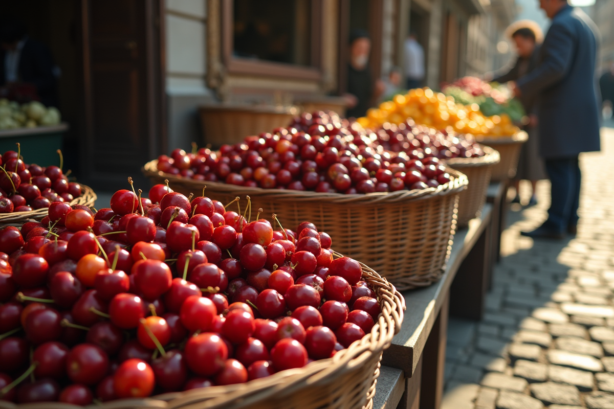 Scène de marché avec cerises mûres et passants au soleil