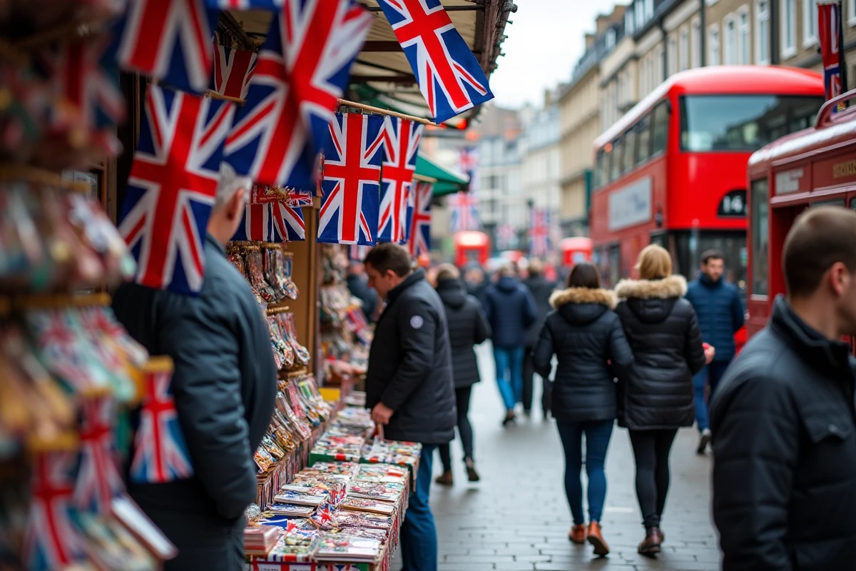 Marché de rue londonien avec des drapeaux du Royaume-Uni et drapeaux nationaux en vente sur des étals de souvenirs