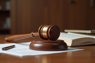 Marteau de justice en bois sur des documents juridiques