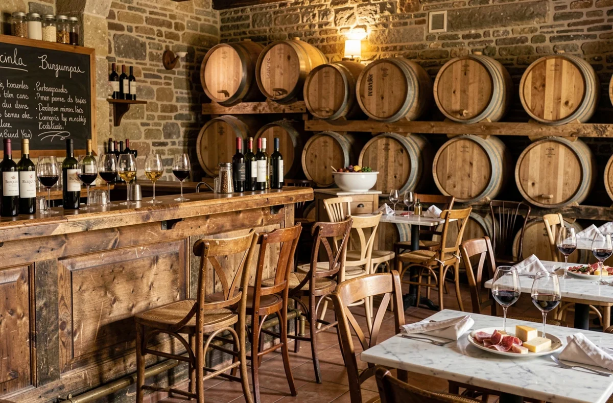 Intérieur chaleureux d'un bar à vin bourguignon avec tonneaux en chêne, verres de vin et ardoise de suggestions
