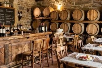 Intérieur chaleureux d'un bar à vin bourguignon avec tonneaux en chêne, verres de vin et ardoise de suggestions
