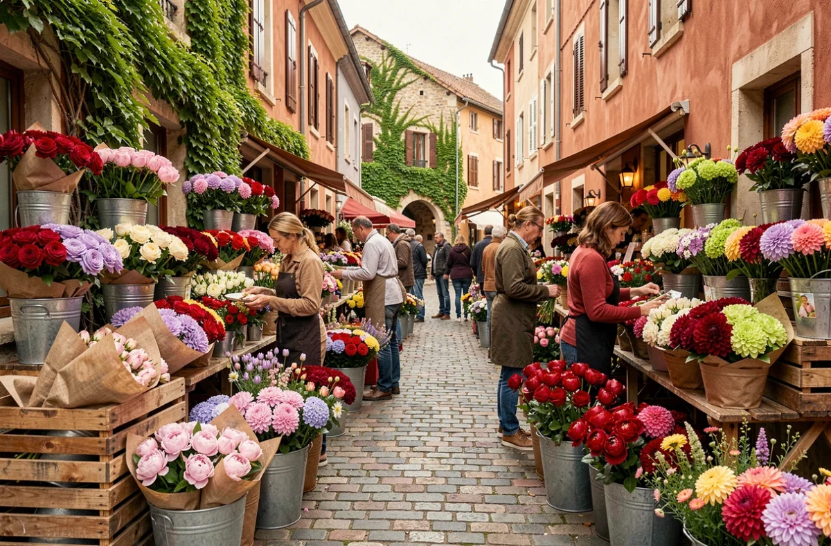 Marché de fleurs animé dans une rue pavée de Bourgogne-Franche-Comté avec des fleuristes artisans et des bouquets colorés