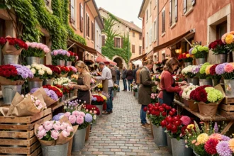 Marché de fleurs animé dans une rue pavée de Bourgogne-Franche-Comté avec des fleuristes artisans et des bouquets colorés