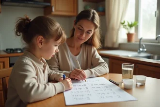 Mère aidant son enfant à comprendre un tableau de conversion litres et cm3 pour les devoirs scolaires