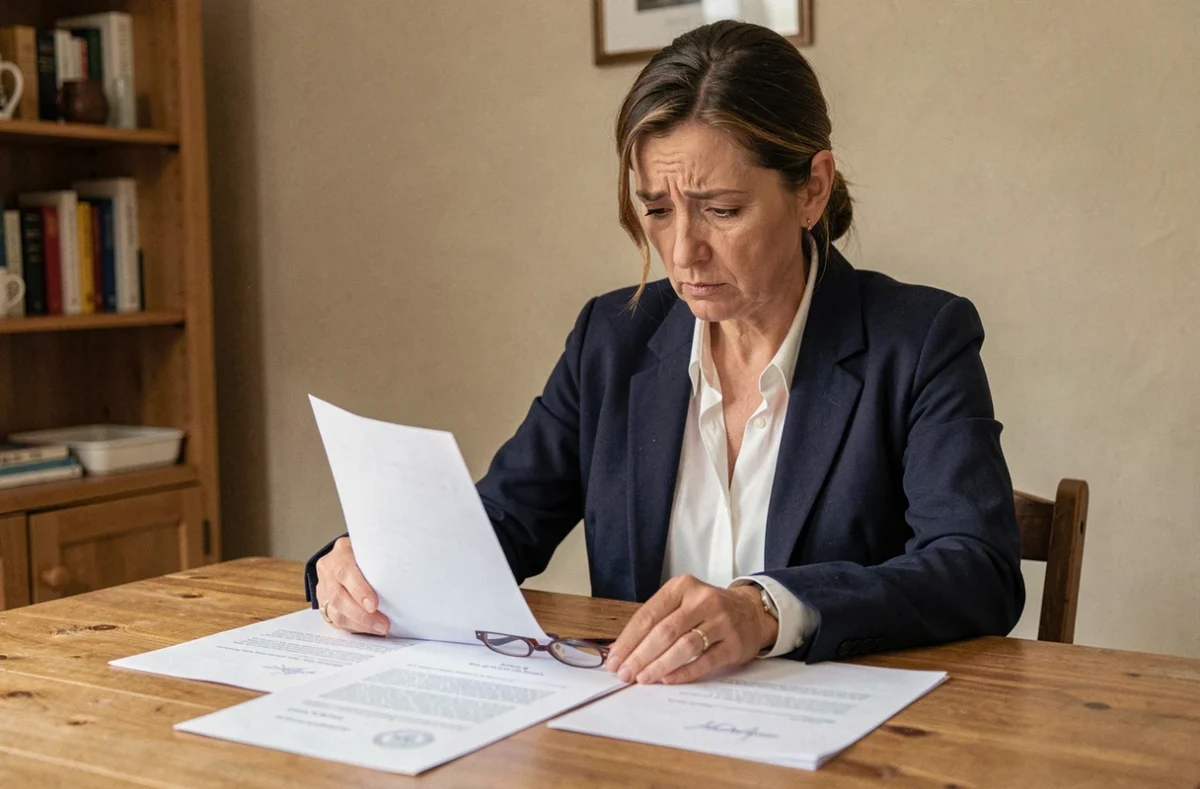 Mère de famille consultant un procès-verbal de la RATP reçu pour son enfant mineur, assise à une table de cuisine avec des documents officiels