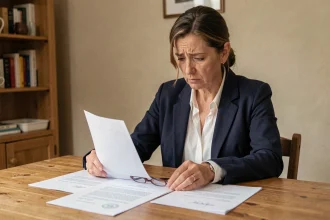 Mère de famille consultant un procès-verbal de la RATP reçu pour son enfant mineur, assise à une table de cuisine avec des documents officiels