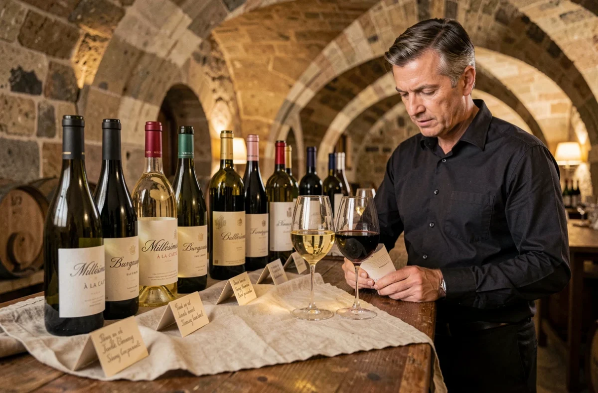 Sélection de vins de Bourgogne sur comptoir en bois chez Millésimes À La Carte à Beaune, cave voûtée en pierre