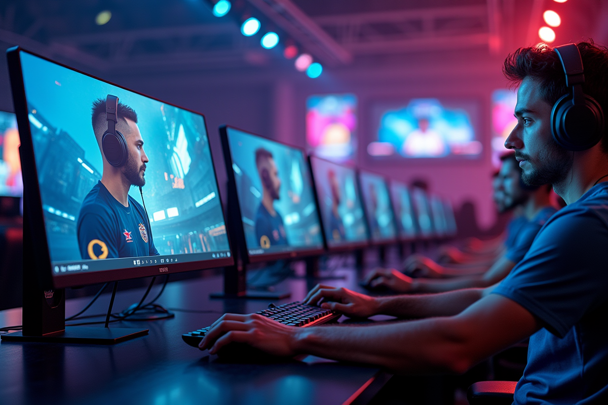Ligne de moniteurs gaming dans une arene esports dynamique