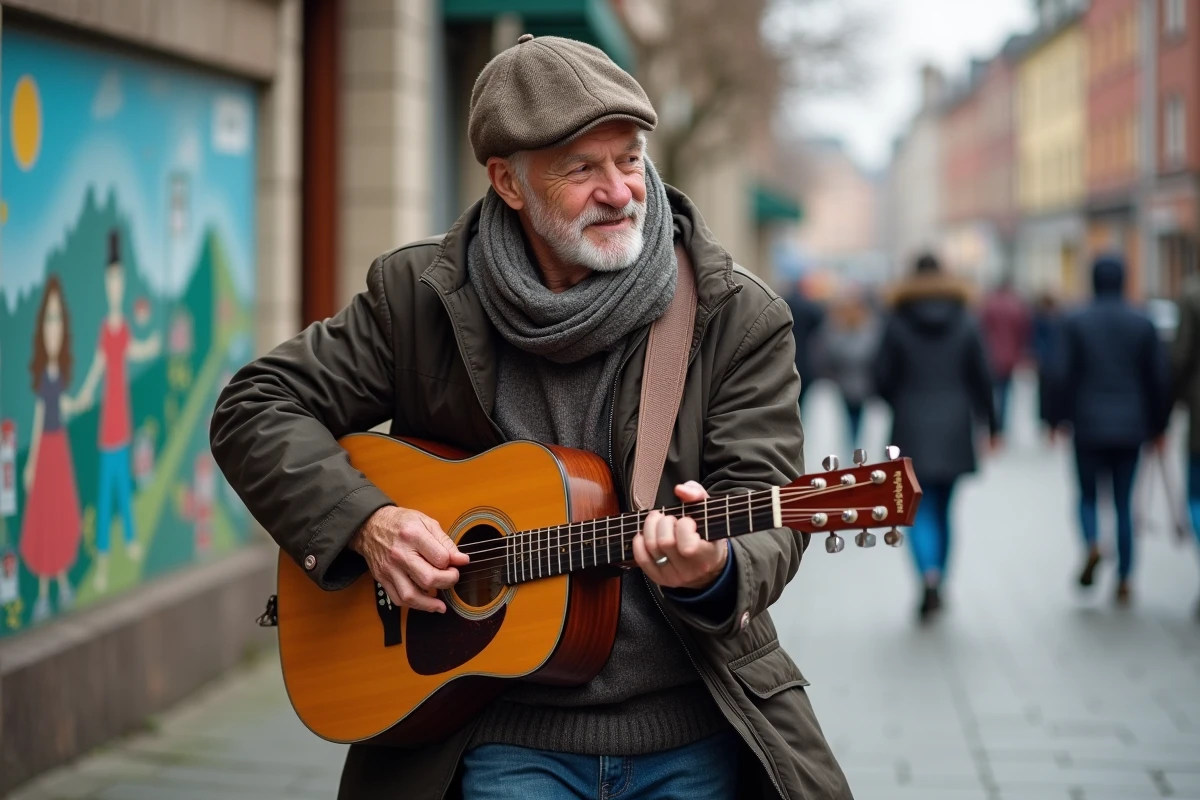 Musicien de rue jouant de la guitare dans une place de suburbain
