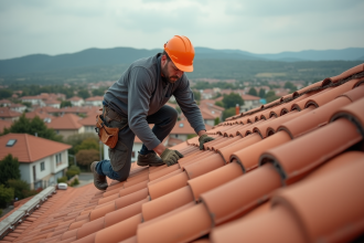 Ouvrier pose des tuiles romaines sur un toit résidentiel