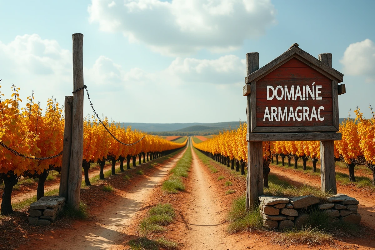 Panneau en bois d'entrée d'un domaine d'Armagnac avec des rangées de vignes en Gascogne en arrière-plan en automne