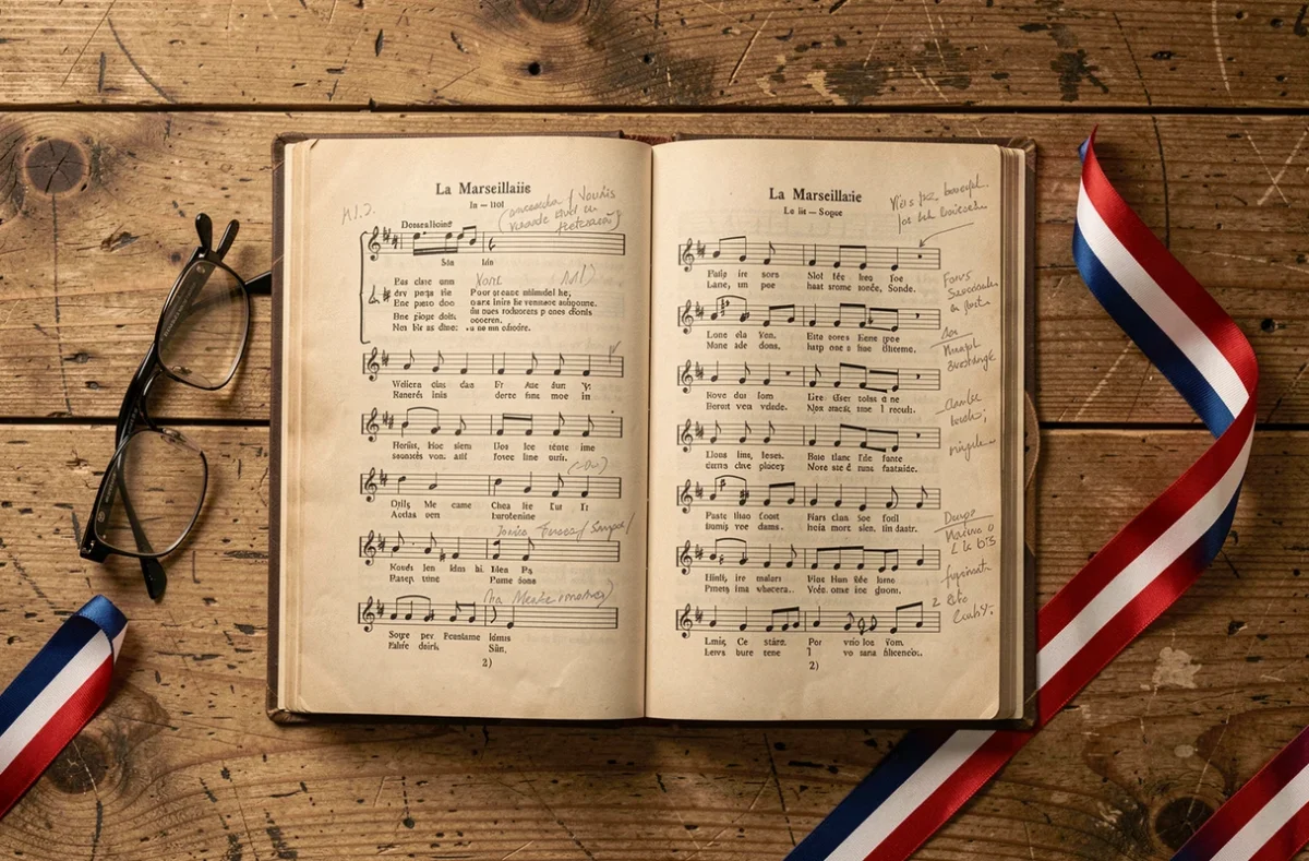 Vieux livre de chants patriotiques français ouvert sur les paroles complètes et les couplets oubliés de la Marseillaise