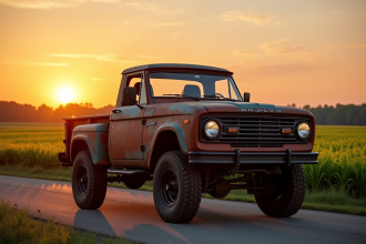 Pick-up robuste en campagne au coucher du soleil