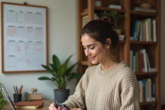 Femme planifiant ses ponts et jours fériés 2026 sur un calendrier mural dans un bureau à domicile