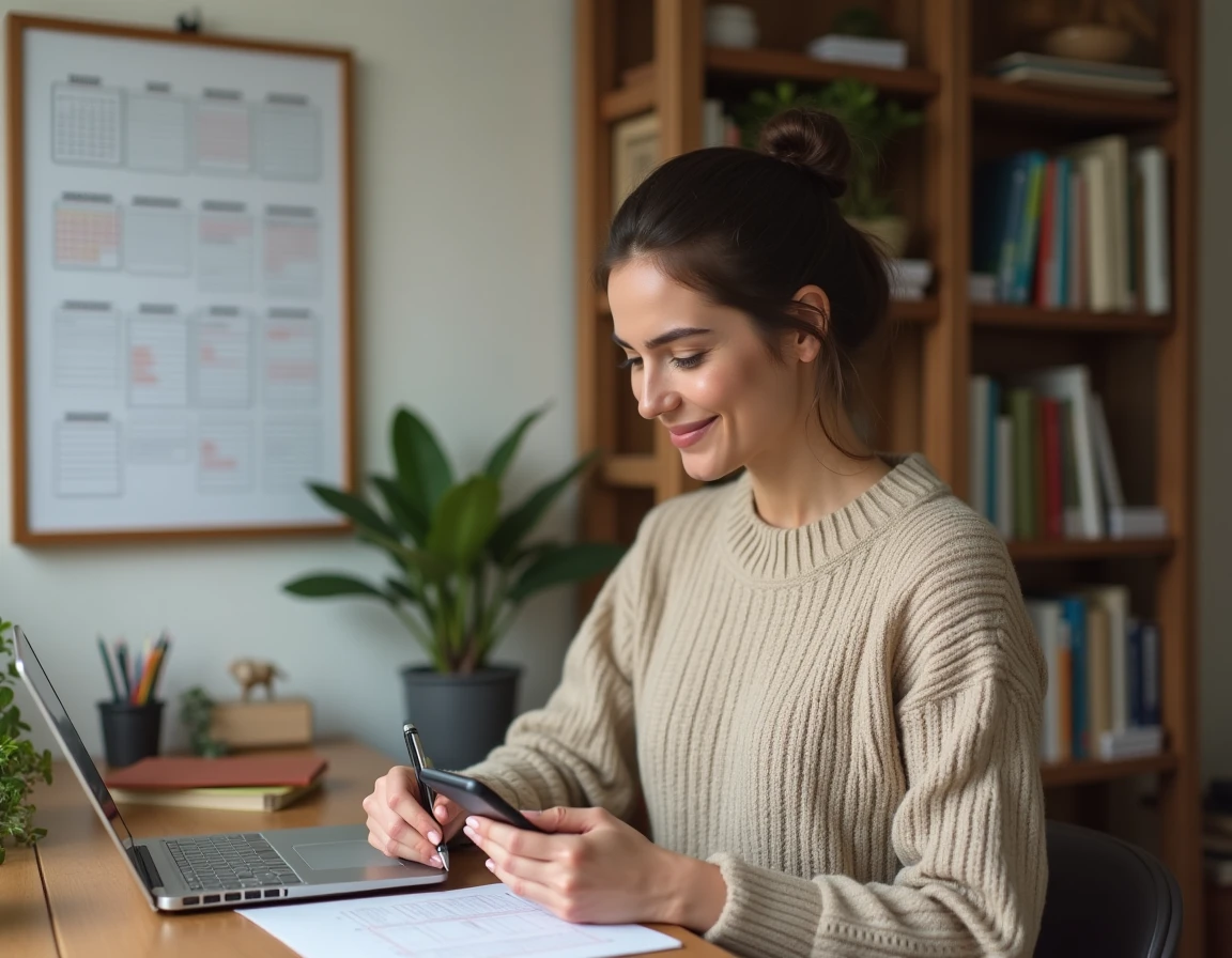 Femme planifiant ses ponts et jours fériés 2026 sur un calendrier mural dans un bureau à domicile