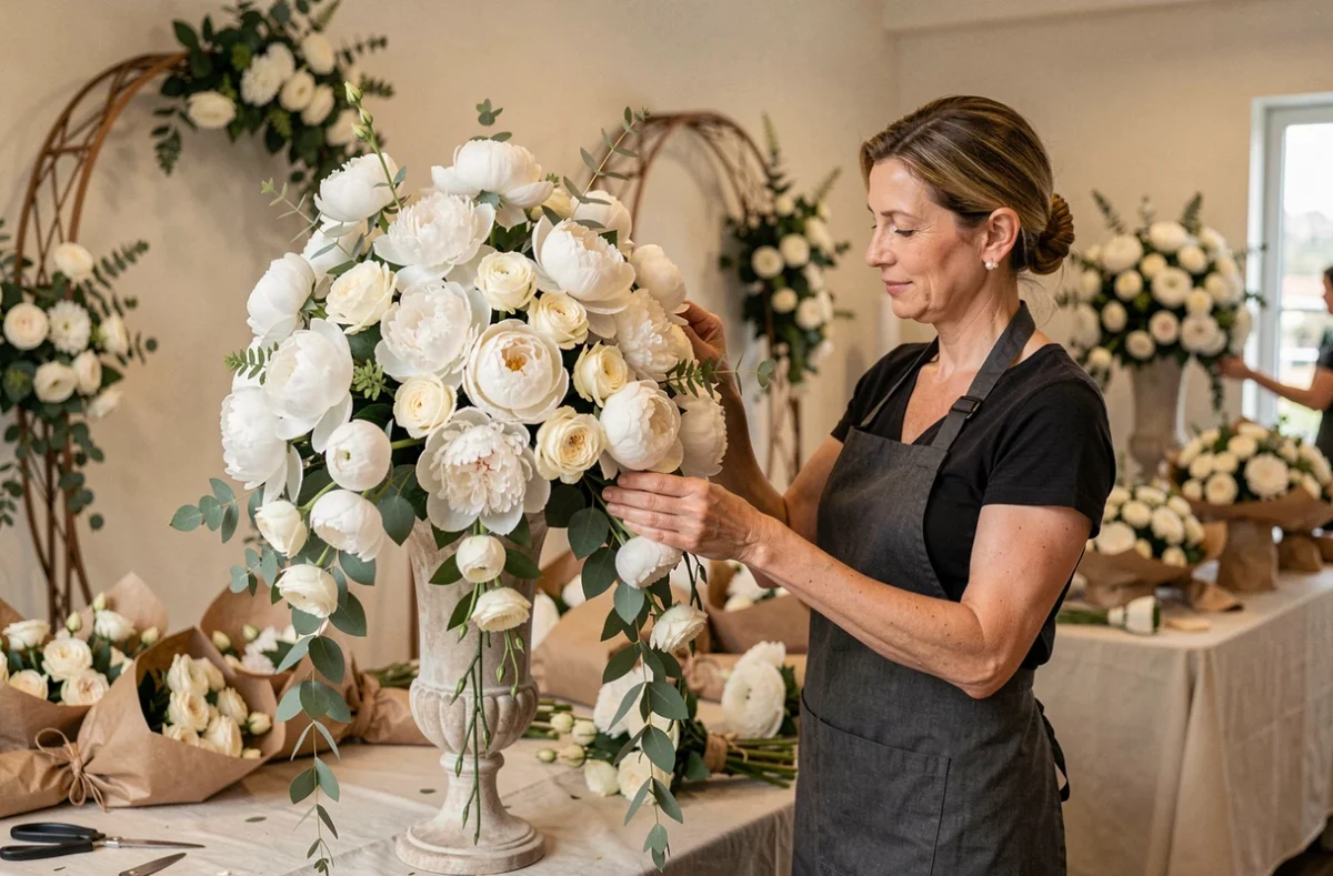 Fleuriste événementielle Pois de Senteur préparant une grande composition de mariage avec des pivoines blanches à Dijon