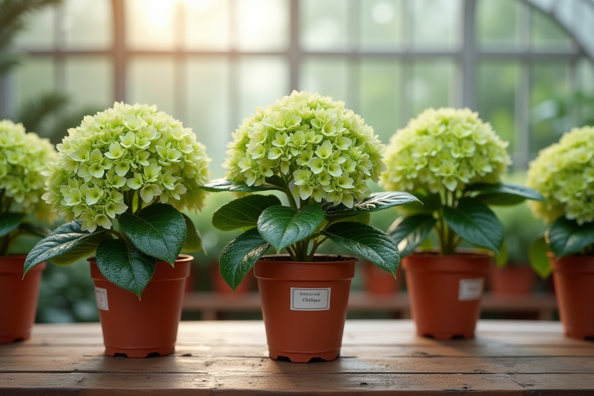 Pots d hydrangeas enracines sur une table en intérieur lumineux