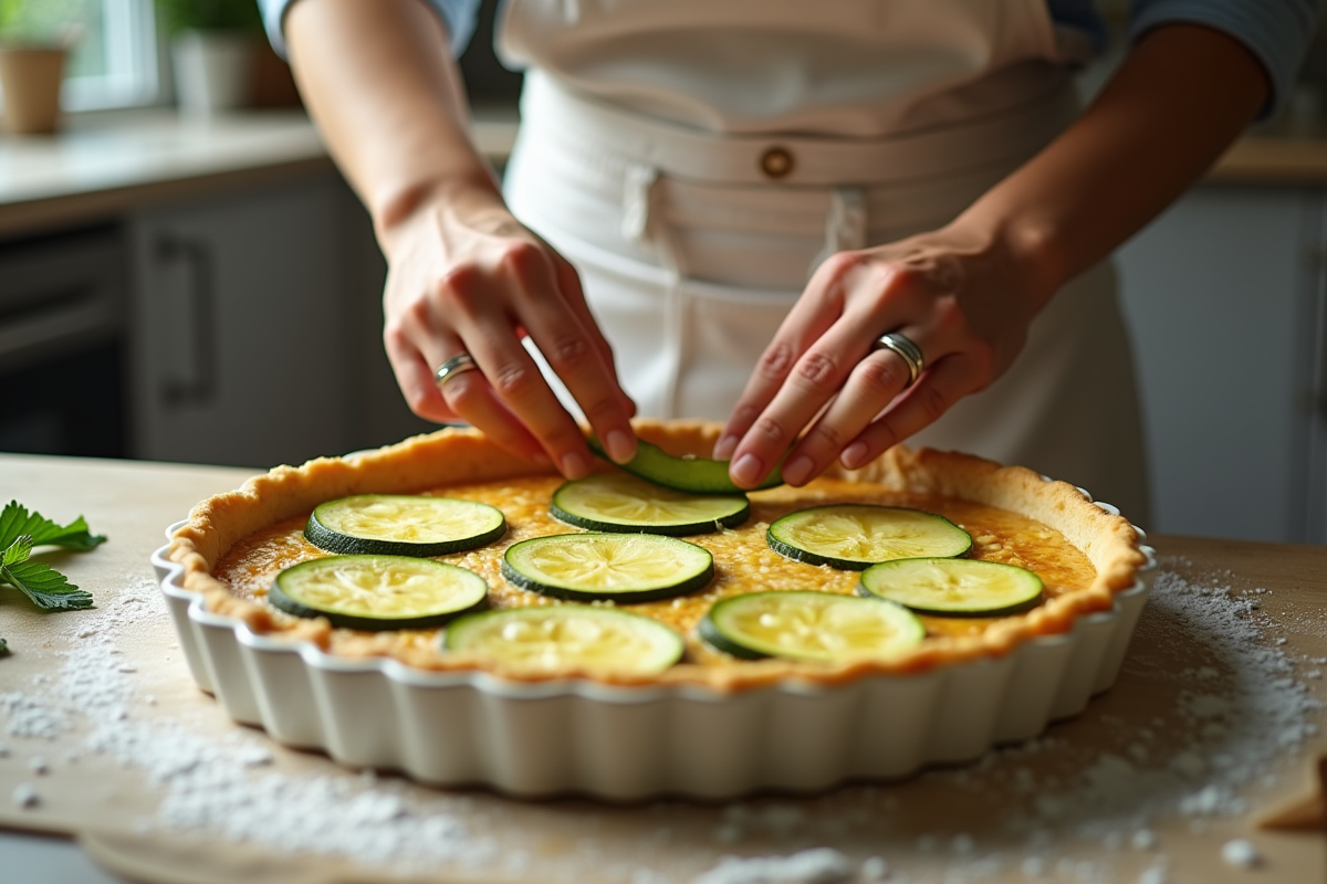 Débutant préparant une tarte zucchini dans une cuisine lumineuse
